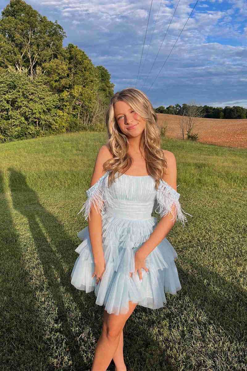 light blue off the shoulder homecoming dress Chic Tulle A-Line Off-Shoulder Beaded Feathers Sky / US 14 Worry Return Size:UK 6-8 Sheath Deep V Neck neckline:crew neck