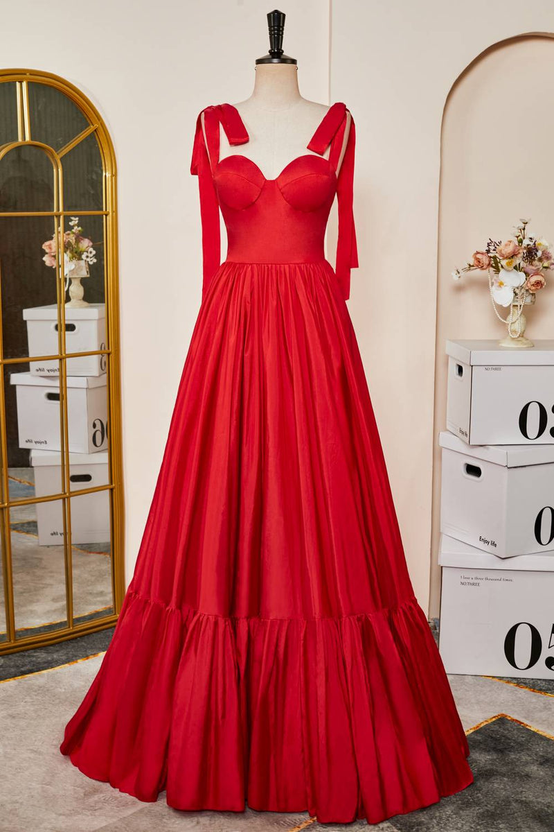 open lace back dress Red Bow Tie Straps A-Line Satin Long Prom Dress Red / US 6
