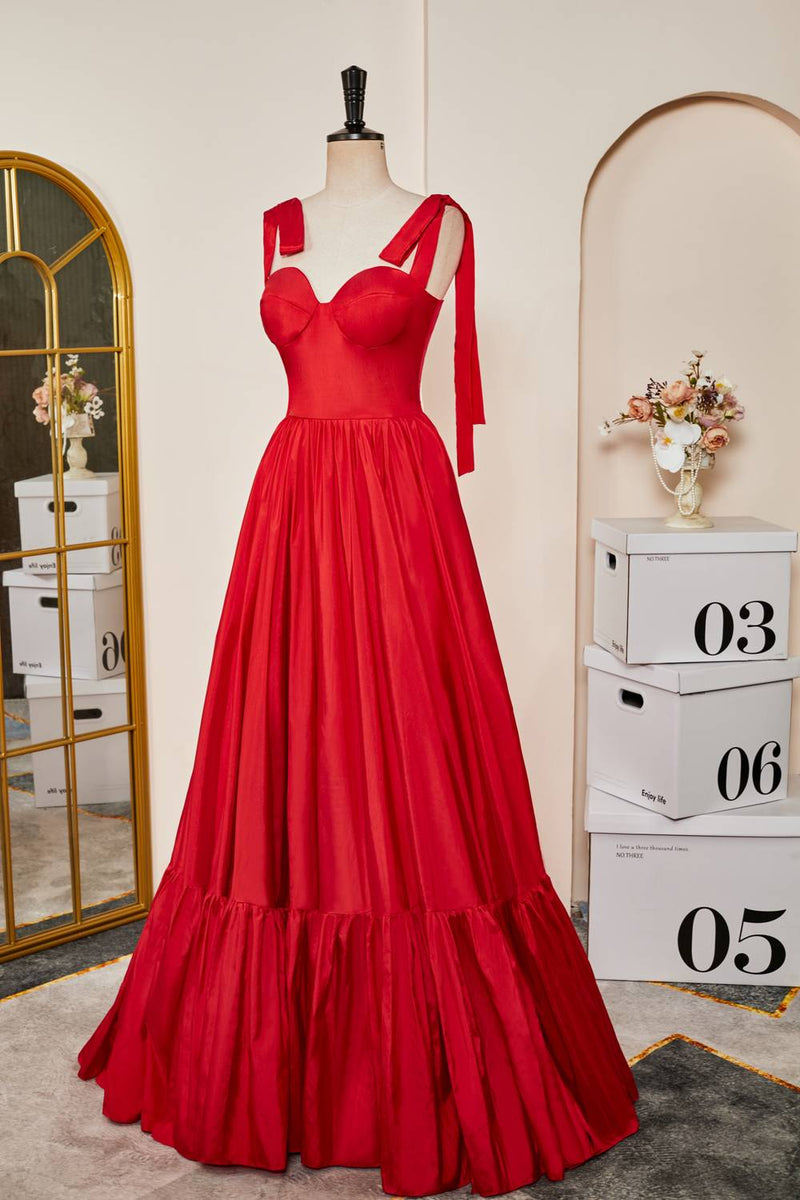 Red Bow Tie Straps A-Line Satin Long Prom Dress Red / US 6 Red Bow Tie Straps A-Line Satin Long Prom Dress Red / US 6