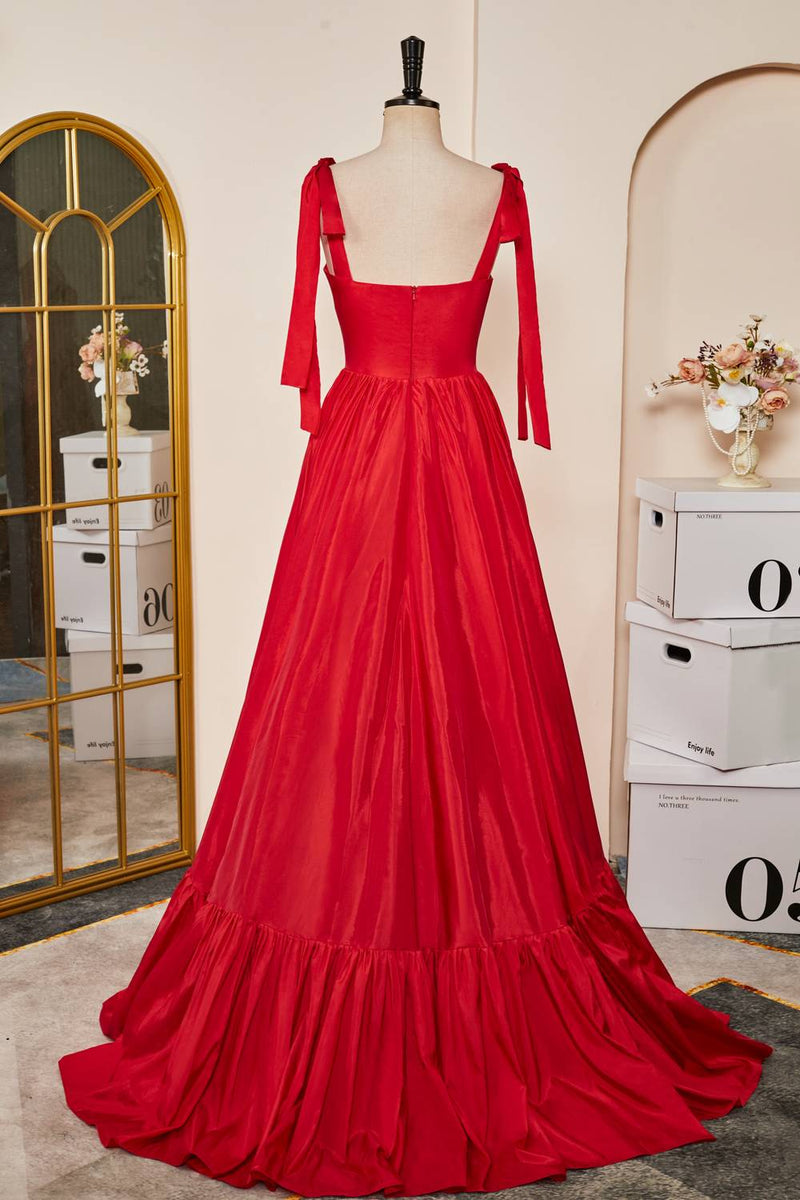 Red Bow Tie Straps A-line Satin Long Prom Dress Red / US 6 Red Bow Tie Straps A-line Satin Long Prom Dress Red / US 6