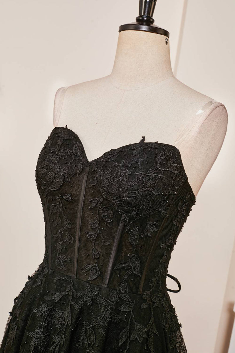 Black Lace-Up Strapless Appliques A-line Long Prom Dress Black / US 10 Black Lace-Up Strapless Appliques A-line Long Prom Dress Black / US 10
