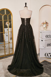 Black Lace-Up Strapless Appliques A-line Long Prom Dress