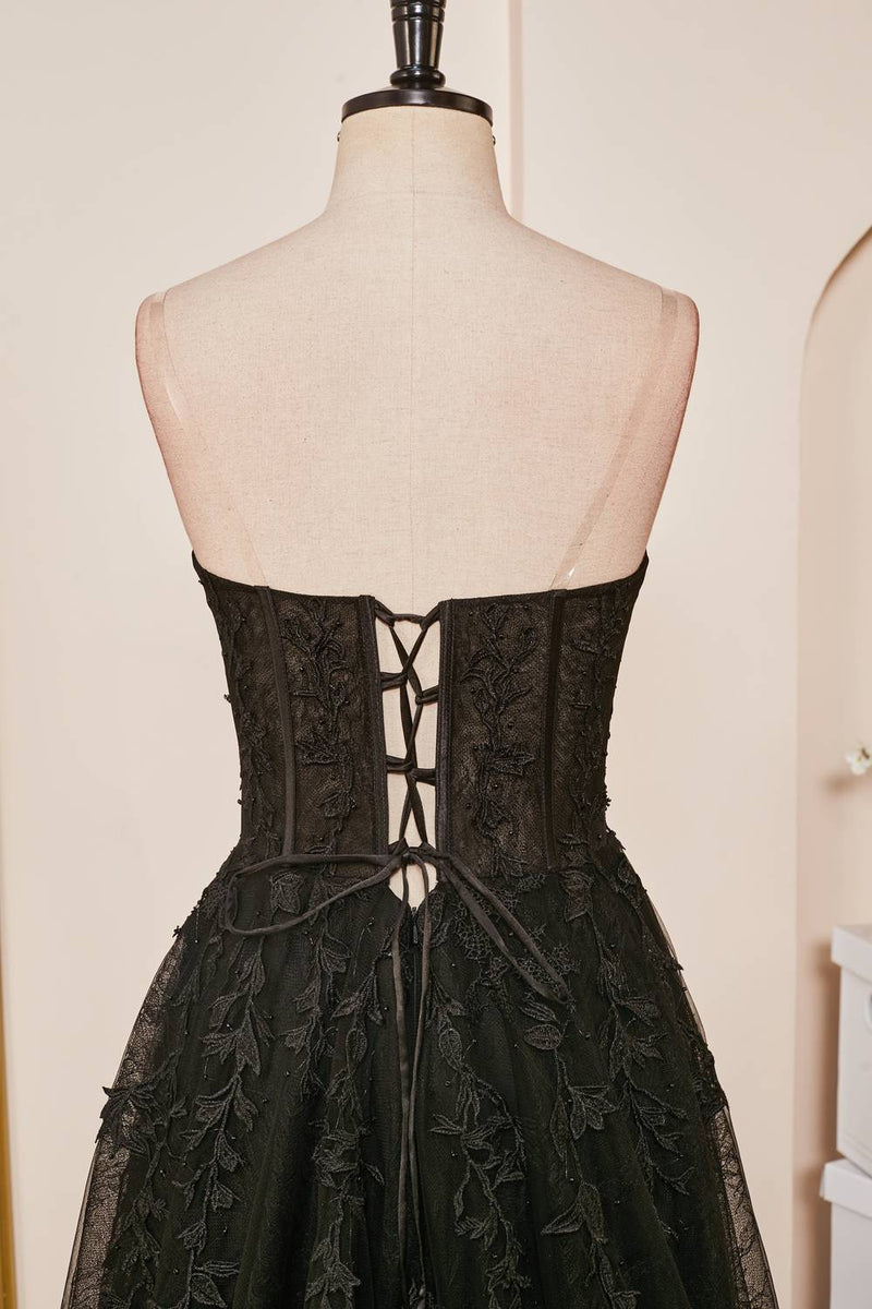 Black Lace-Up Strapless Appliques A-line Long Prom Dress