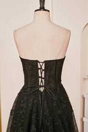 Black Lace-Up Strapless Appliques A-line Long Prom Dress