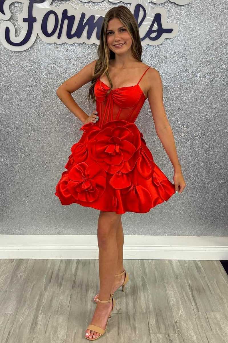 V-Neck Sleeveless Satin A-Line Florals Short Homecoming Dress