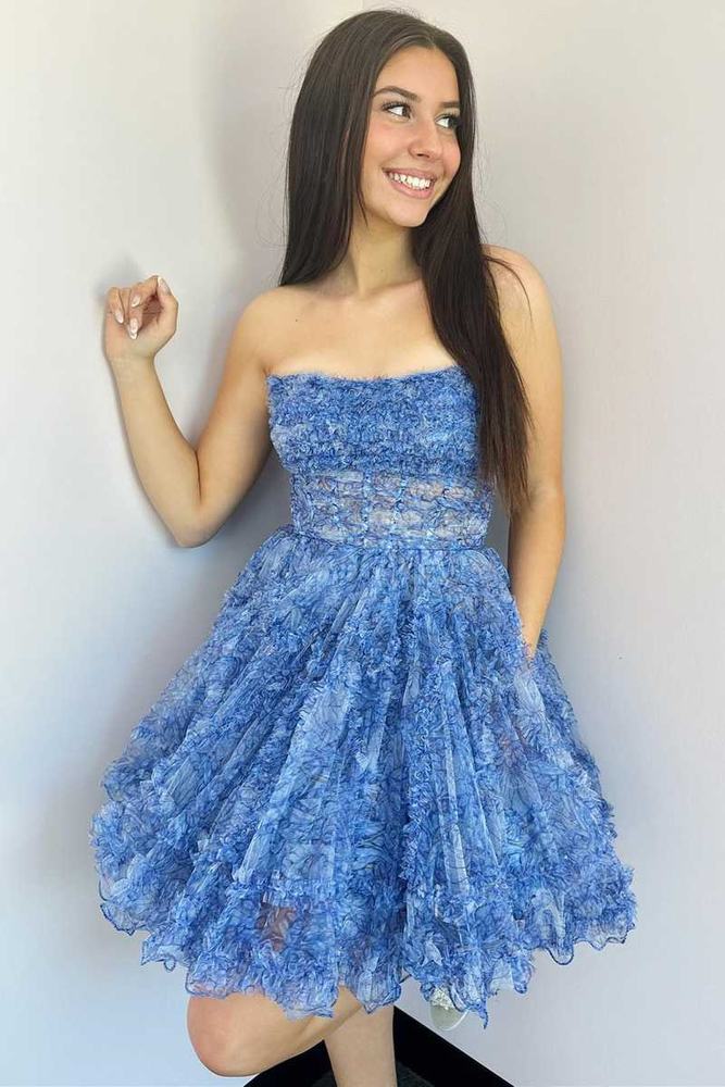 Strapless Blue Floral Print A-Line Homecoming Dress with Pockets | Joyofdress Strapless Blue Floral Print A-Line Homecoming Dress with Pockets | Joyofdress