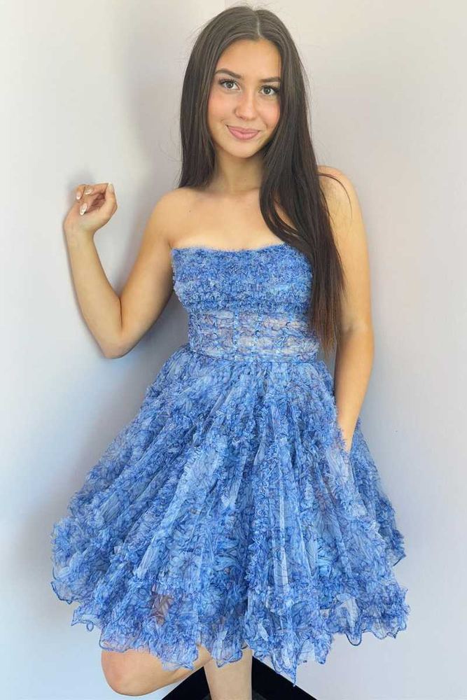 Strapless Blue Floral Print A-Line Homecoming Dress with Pockets