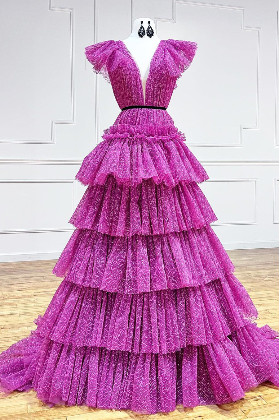 Fuchsia Flutter Sleeves Layers Dot A-line Long Prom Dress Fuchsia / US 16 Fuchsia Flutter Sleeves Layers Dot A-line Long Prom Dress Fuchsia / US 16