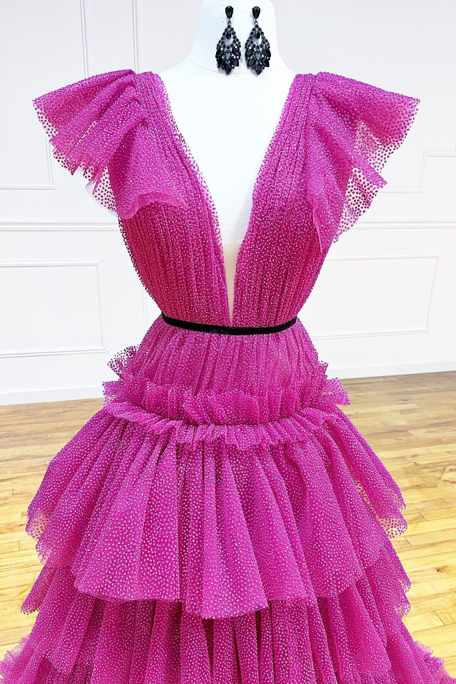 Fuchsia Flutter Sleeves Layers Dot A-line Long Prom Dress