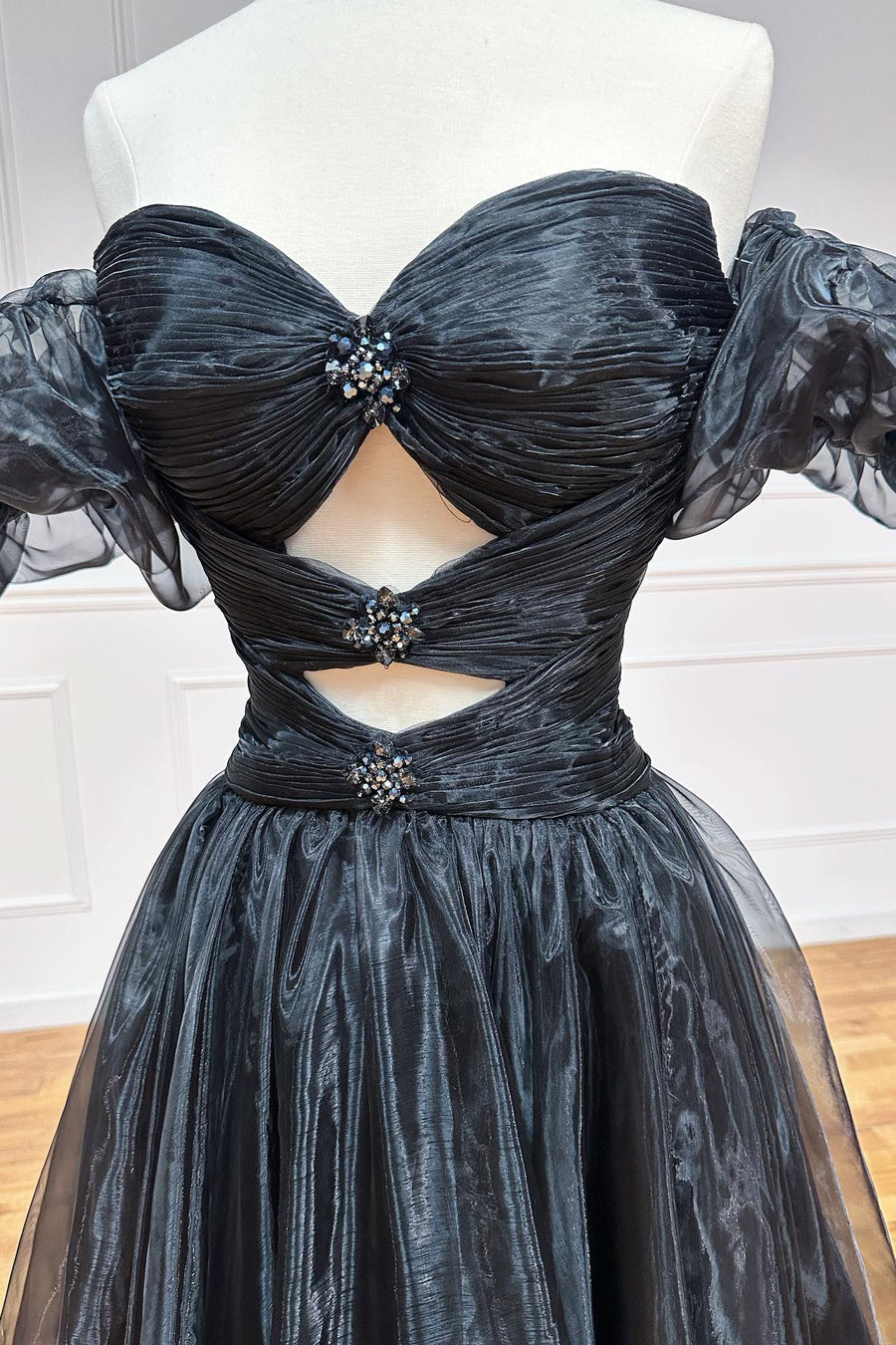 Black Off-Shoulder Rhinestones Puff Sleeves A-line Long Prom Dress