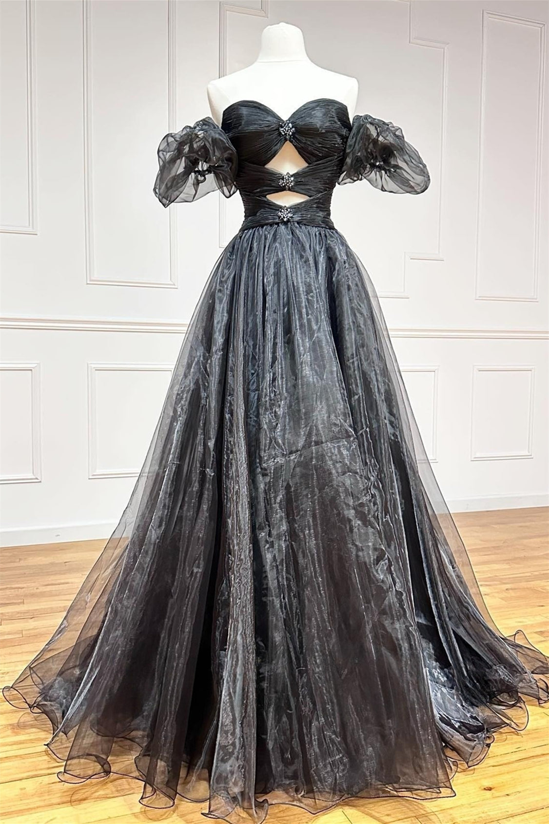 Black Off-Shoulder Rhinestones Puff Sleeves A-line Long Prom Dress