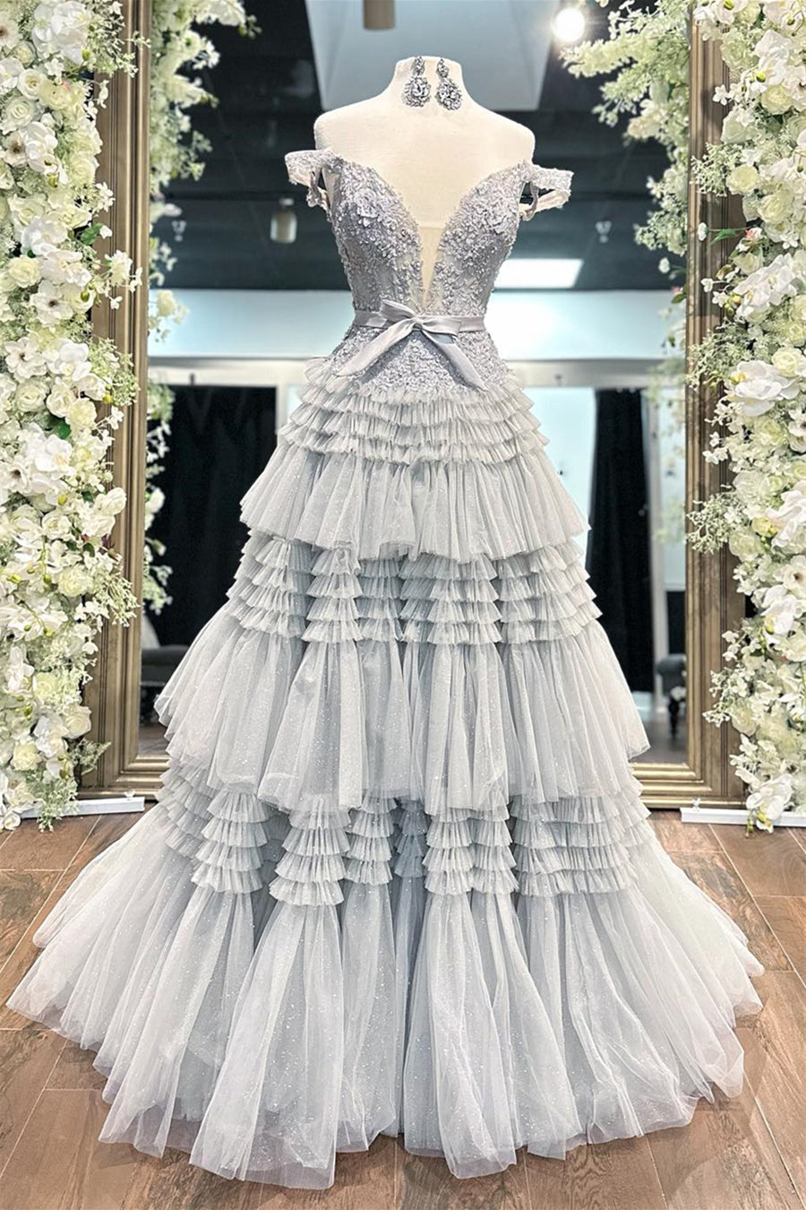 Grey Off-Shoulder Floral A-line Layers Long Prom Dress