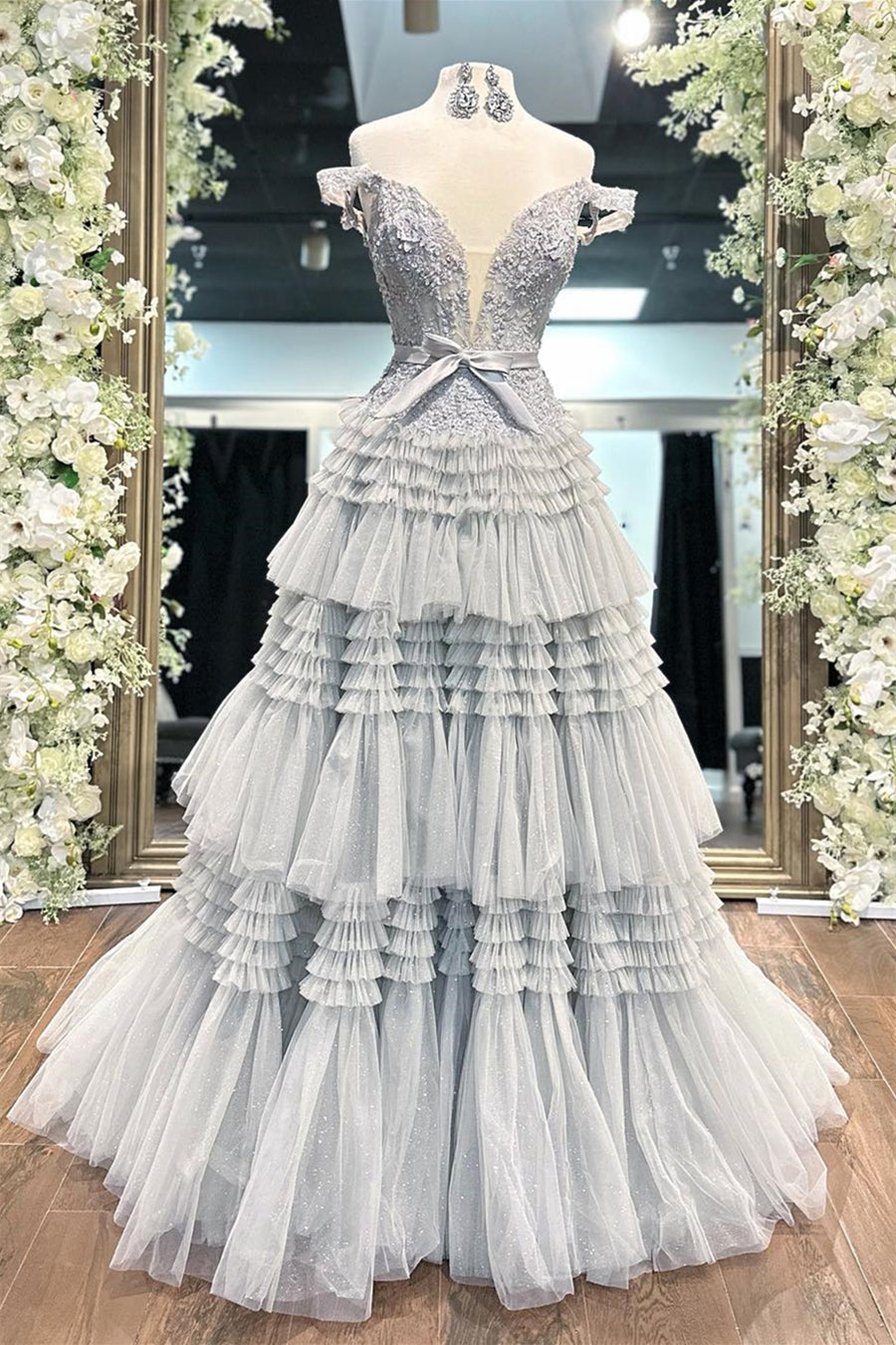 Grey Off-Shoulder Floral A-line Layers Long Prom Dress Grey / US 14 Grey Off-Shoulder Floral A-line Layers Long Prom Dress Grey / US 14