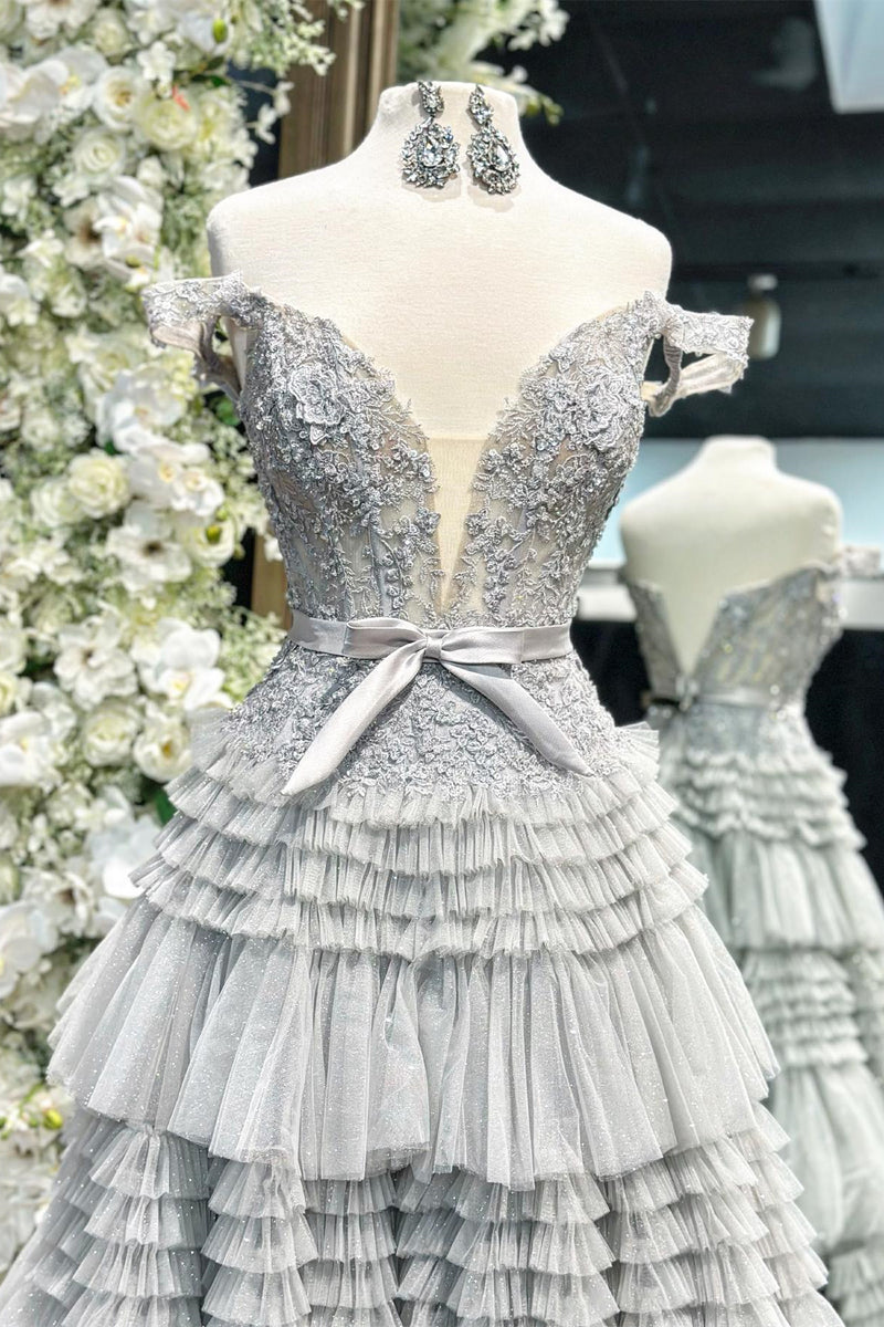 Grey Off-Shoulder Floral A-line Layers Long Prom Dress Grey / US 14