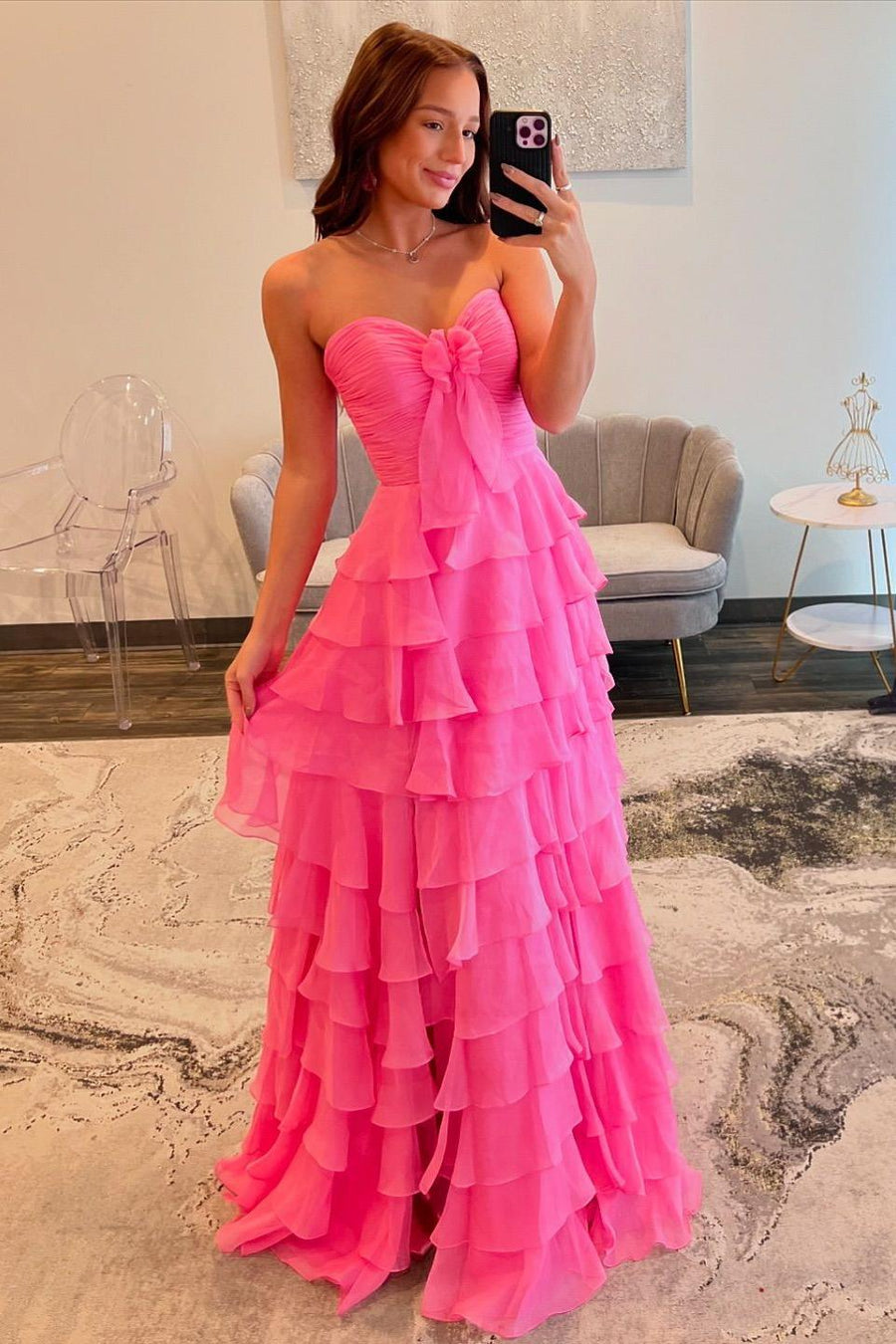 Chiffon A-Line Sweetheart Strapless Tiered Formal Party Dress