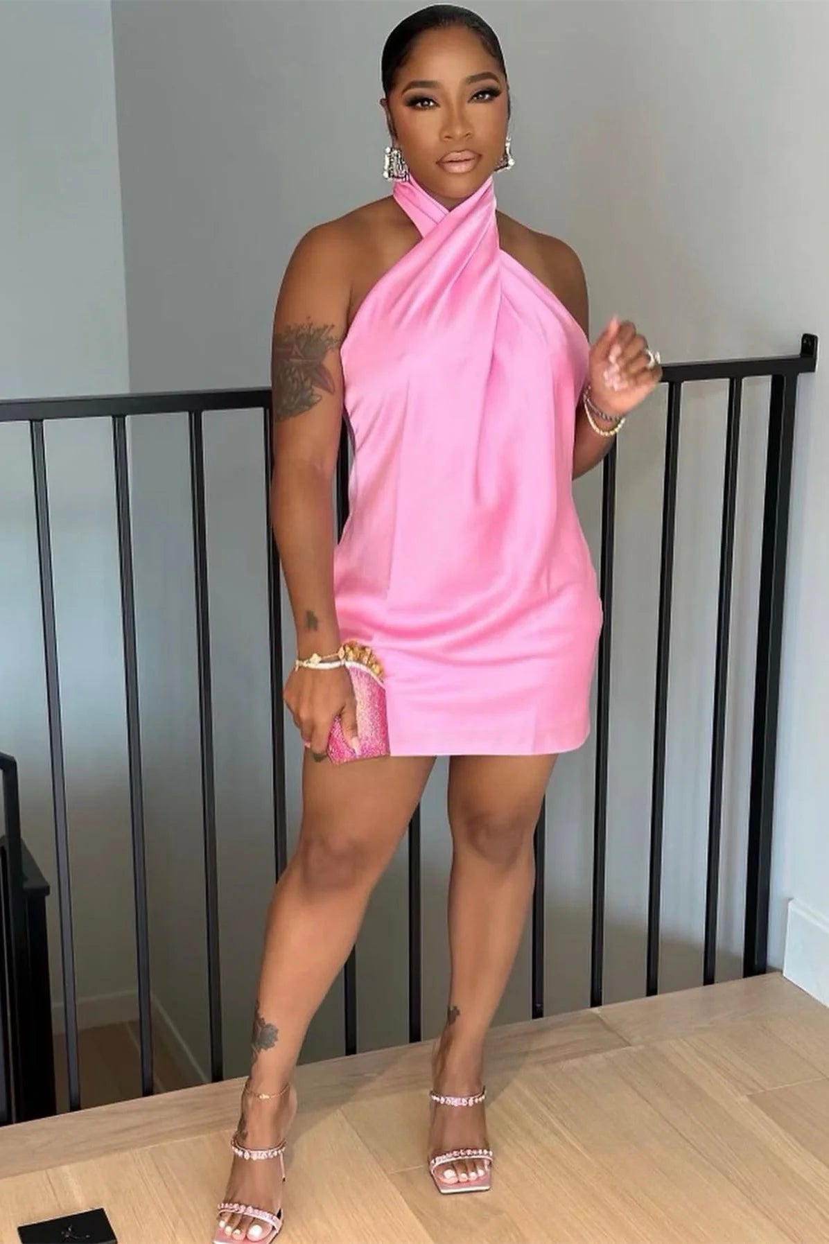 Casual Satin High Neck Backless Short Party Homecoming Dress