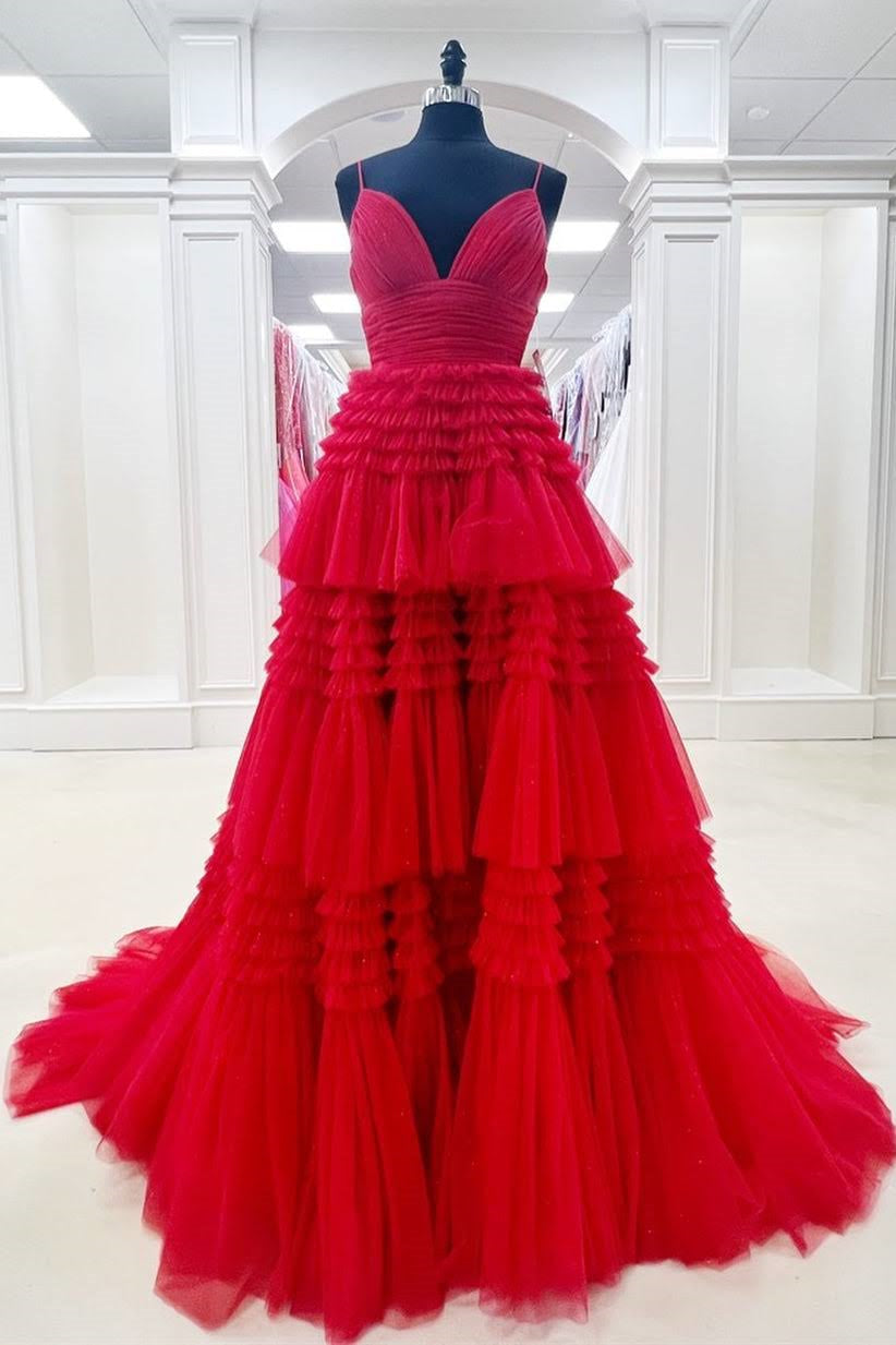 Red Layers Straps Deep V Neck A-line Long Prom Dress