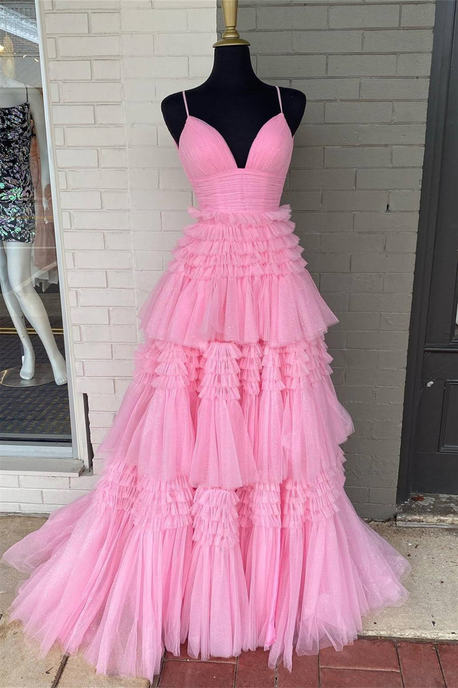 Pink Layers Straps Deep V Neck A-line Long Prom Dress