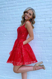 Cute Red A Line Tulle Zipper Back Short Homecoming Dresses