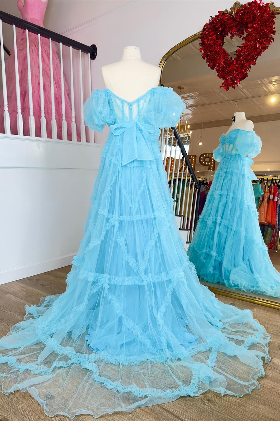Sky Blue Ruffled Puff Sleeves A-line Long Prom Dress