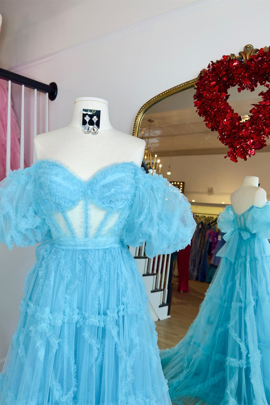 Sky Blue Ruffled Puff Sleeves A-line Long Prom Dress Sky Blue / US 4 Sky Blue Ruffled Puff Sleeves A-line Long Prom Dress Sky Blue / US 4