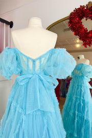 Sky Blue Ruffled Puff Sleeves A-line Long Prom Dress