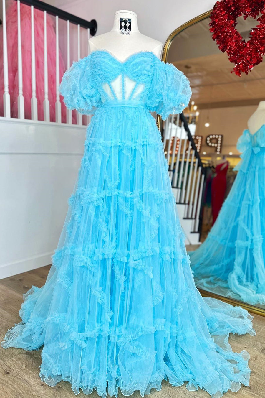 Sky Blue Ruffled Puff Sleeves A-Line Long Prom Dress Sky Blue / US 4 Sky Blue Ruffled Puff Sleeves A-Line Long Prom Dress Sky Blue / US 4