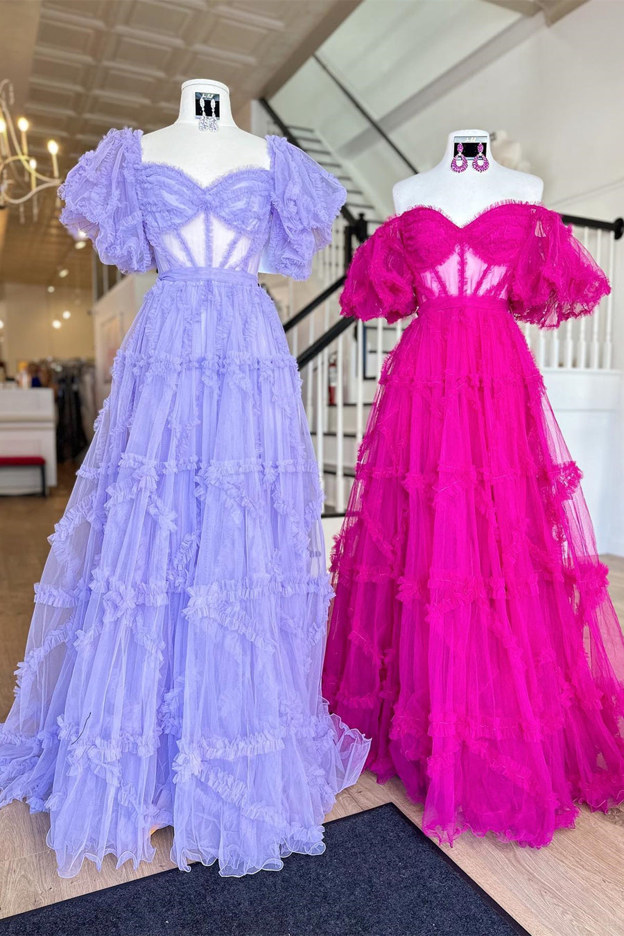 Lavender & Fuchsia Ruffled Puff Sleeves A-line Long Prom Dress