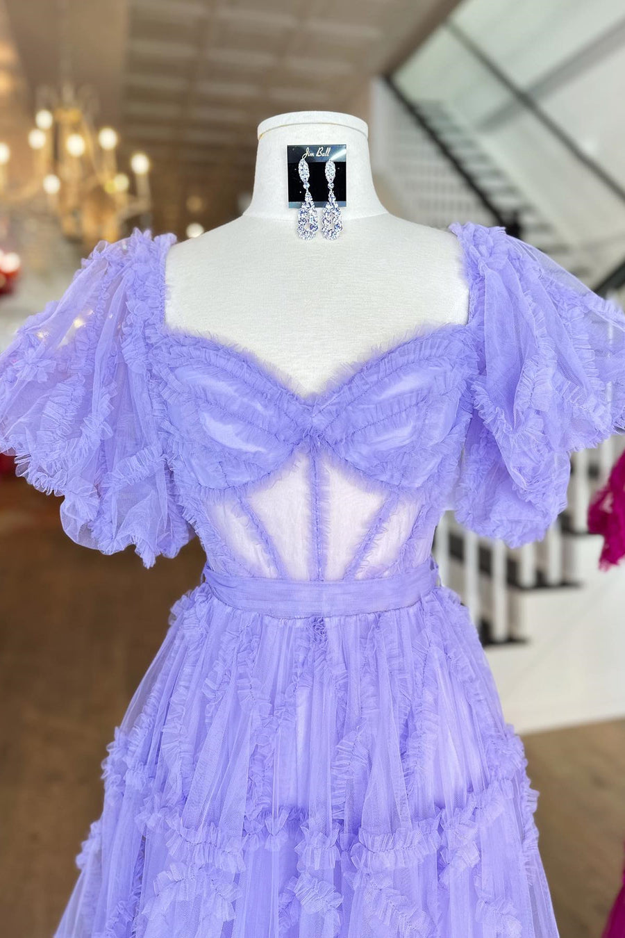Lavender  Ruffled Puff Sleeves A-line Long Prom Dress