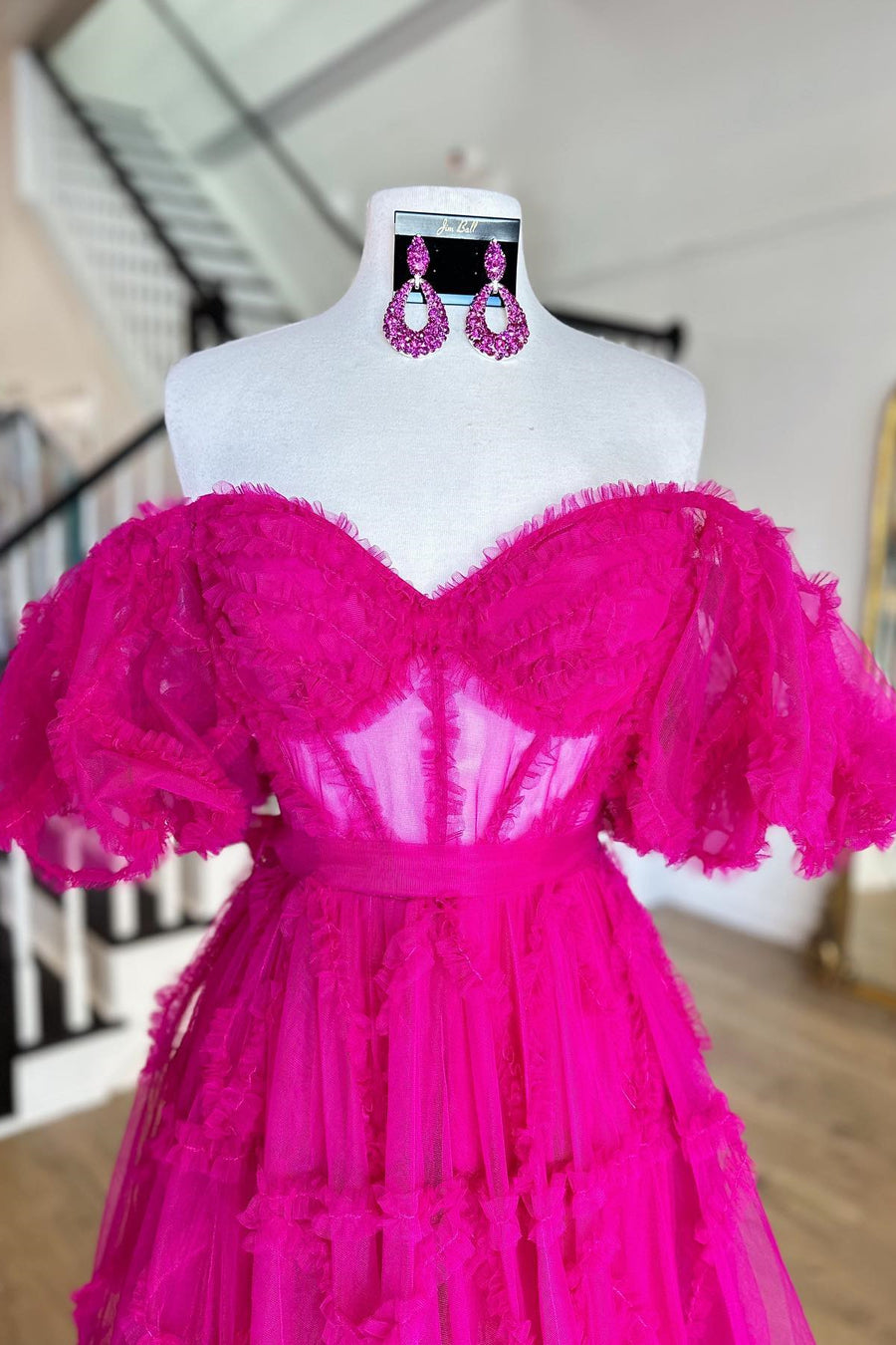 Fuchsia Ruffled Puff Sleeves A-line Long Prom Dress