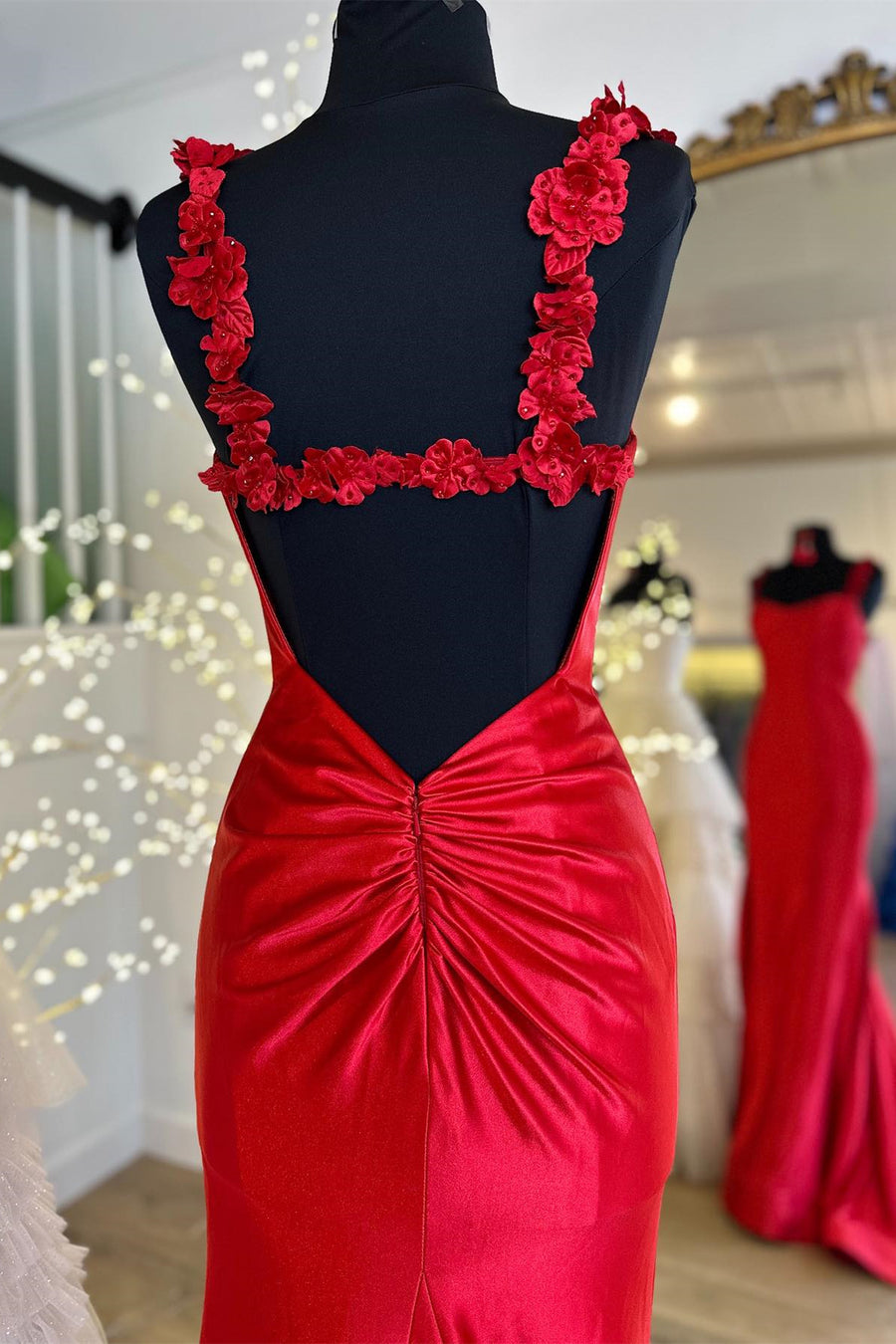 Black Straps Floral Mermaid Long Prom Dress, Red / 10 Black Straps Floral Mermaid Long Prom Dress, Red / 10