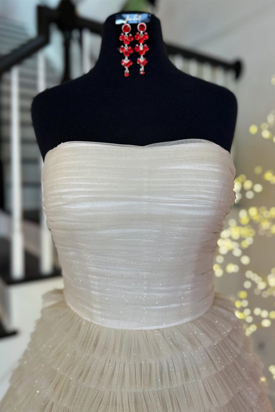 Ivory Strapless Layers A-line Tulle Long Prom Dress