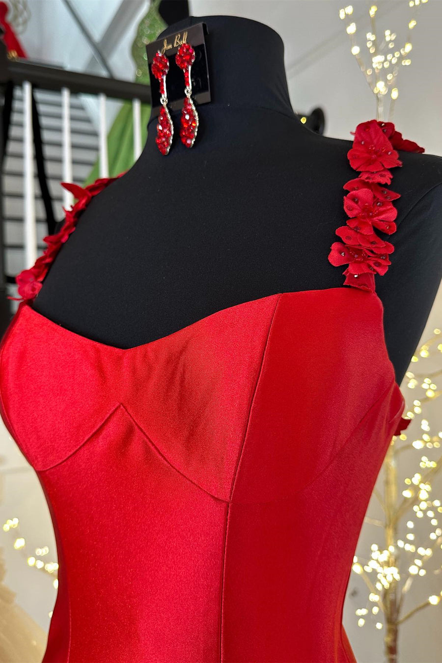 Red Flower Straps Mermaid Satin Long Prom Dress with Slit