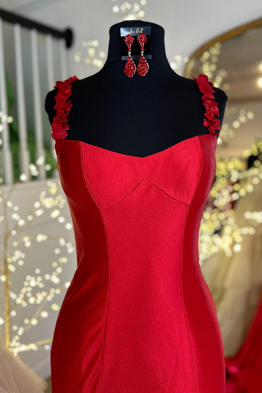Red Flower Straps Mermaid Satin Long Prom Dress with Slit
