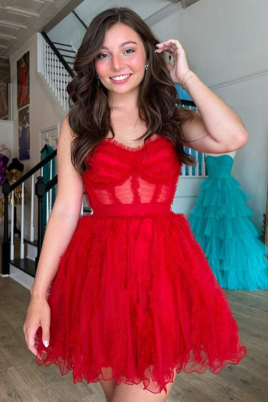 Red A-line Sweetheart Ruffles Short Tulle Homecoming Dress Red / US 8