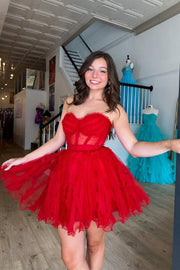 Red A-line Sweetheart Ruffles Short Tulle Homecoming Dress