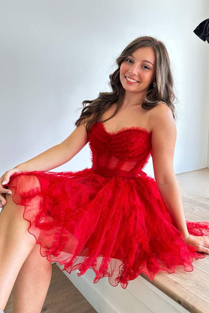 Red A-line Sweetheart Ruffles Short Tulle Homecoming Dress