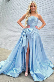 Satin A-Line Strapless Empire With Side Slit Prom Dress