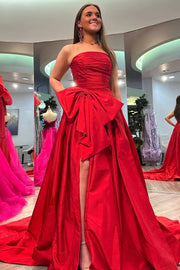 Satin A-Line Strapless Empire With Side Slit Prom Dress