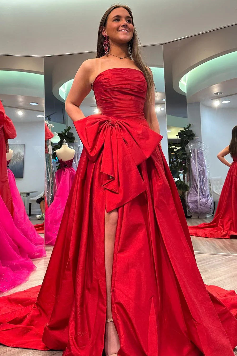 Satin A-Line Strapless Empire With Side Slit Prom Dress