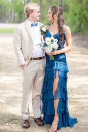 V-Neck Sleeveless Empire Two Tone Ruffled Party Dress