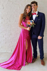 V-Neck Halter Sleeveless Party Prom Dress With Slit