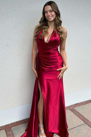 V-Neck Halter Sleeveless Party Prom Dress With Slit