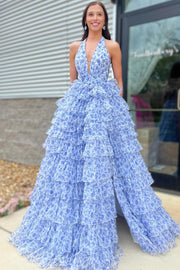 V-Neck Halter Backless Empire Tulle A-Line Tiered Party Prom Dress