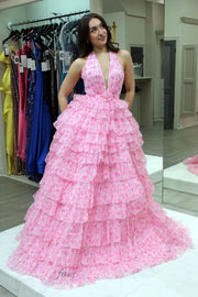 V-Neck Halter Backless Empire Tulle A-Line Tiered Party Prom Dress