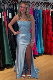 Bateau Strapless Lace Appliques Mermaid Party Prom Dress