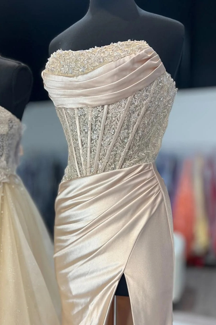 Bateau Strapless Lace Appliques Mermaid Party Prom Dress