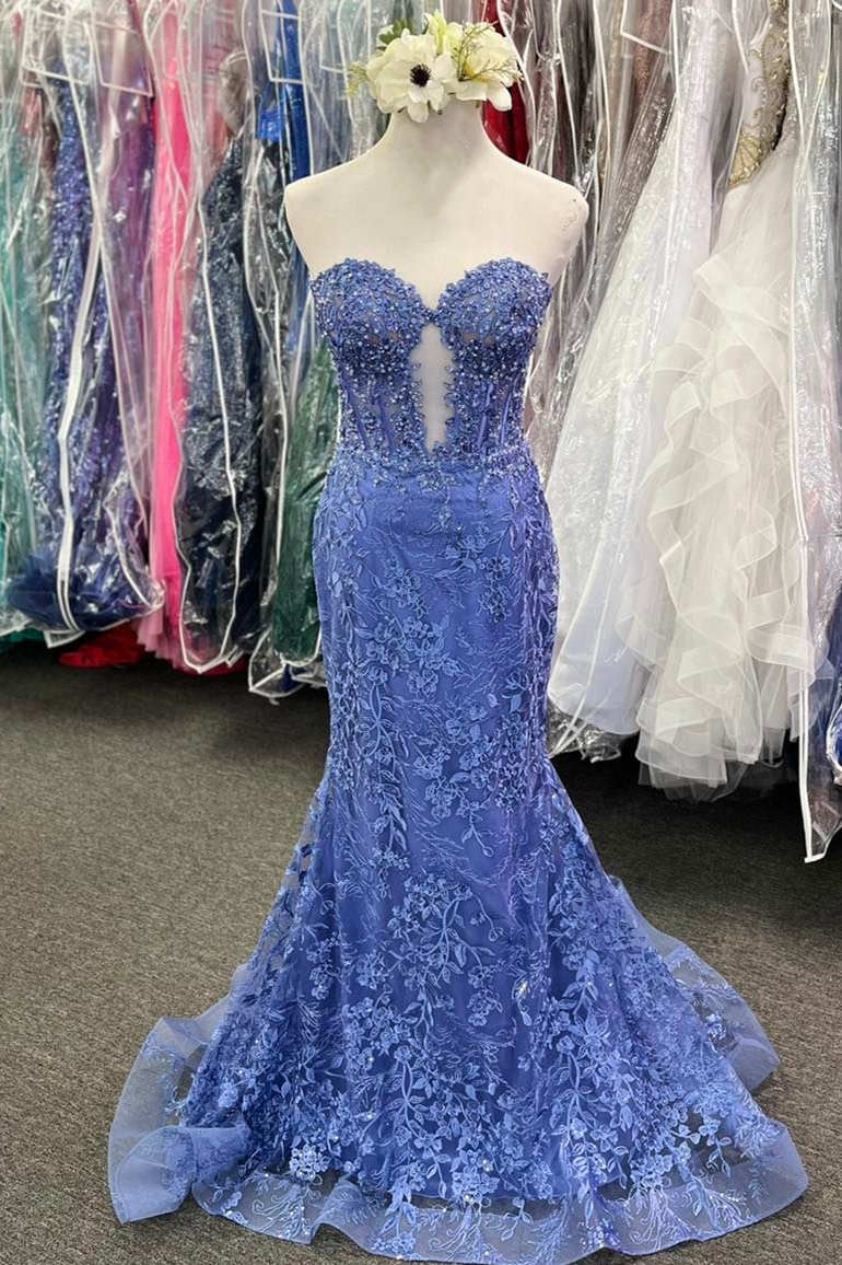 Black Strapless Lace Mermaid Long Party Prom Dress