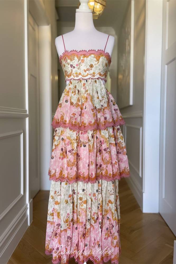 Cute A-Line Spaghetti Straps Tiered Floral Party Prom Dress