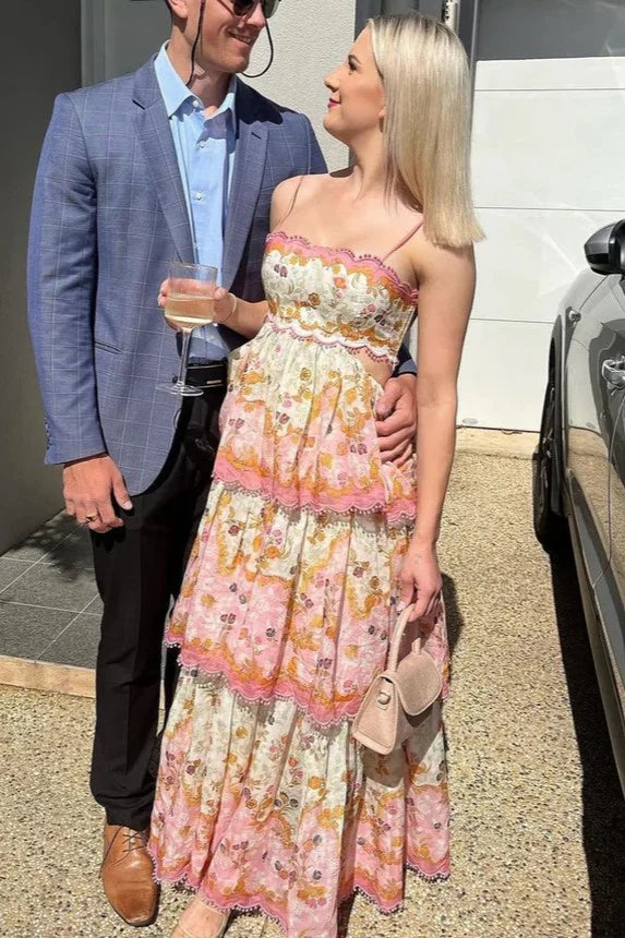 Cute A-Line Spaghetti Straps Tiered Floral Party Prom Dress